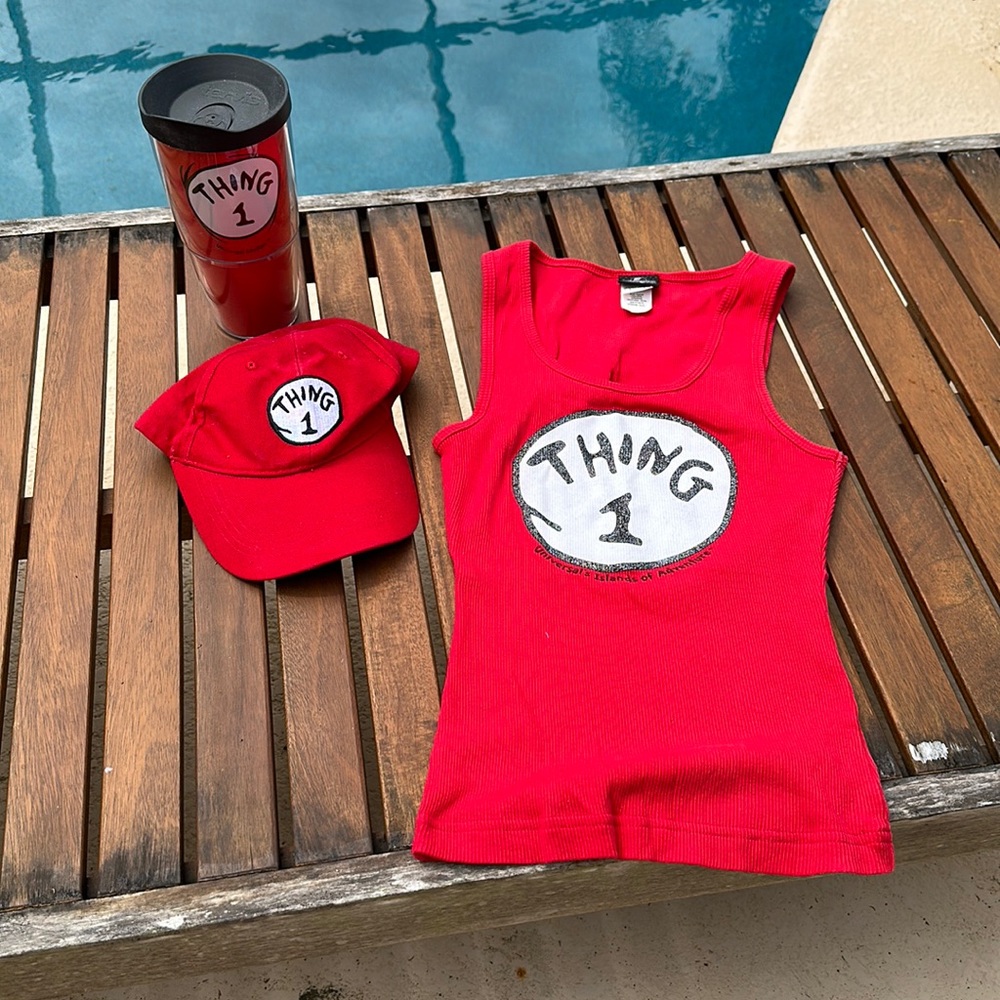 Universal Studios Thing 1 hat, large sleeveless T-shirt & Tervis cup with lid